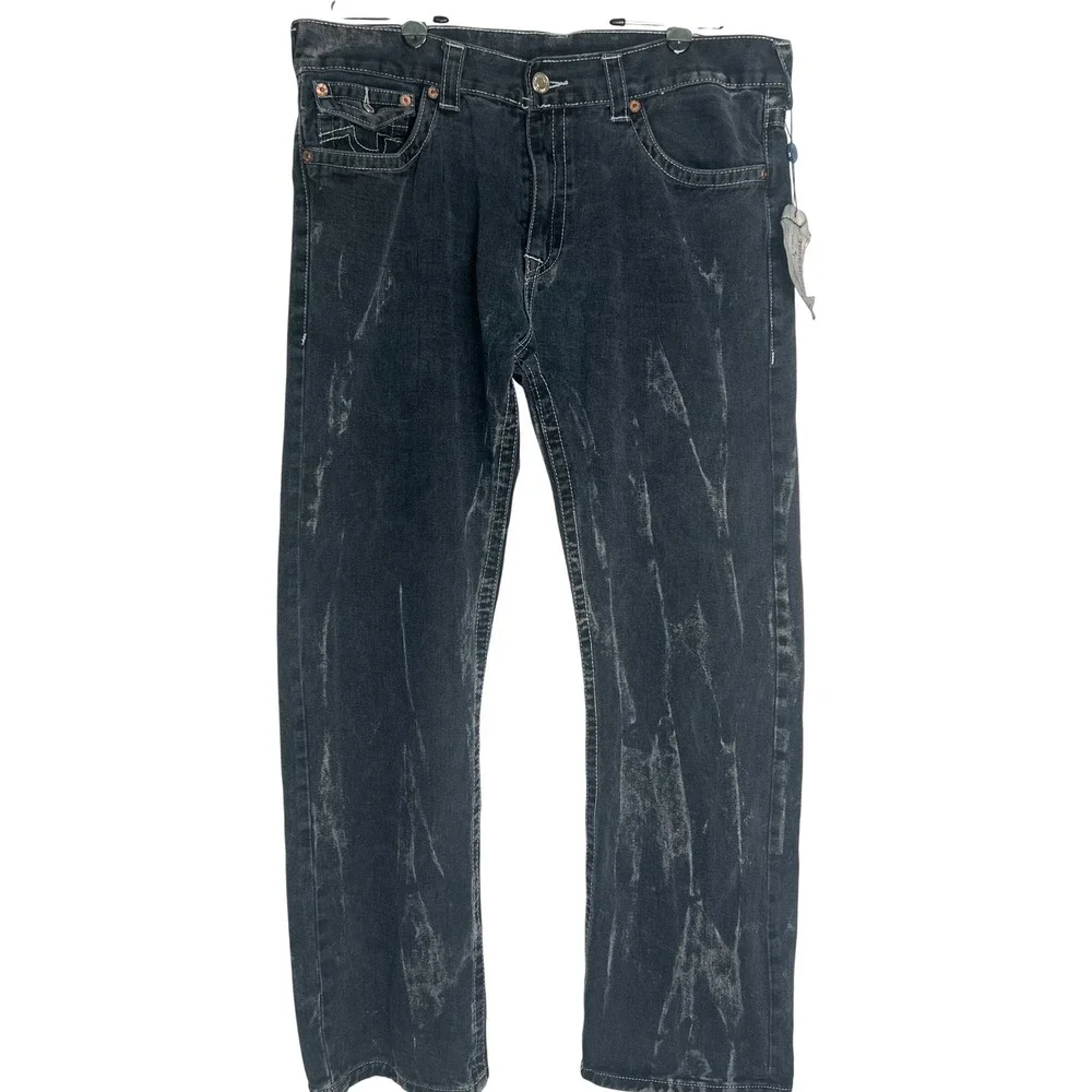 True Religion Basic Straight Jeans Men 40 Natural Mudslide Black Distressed READ